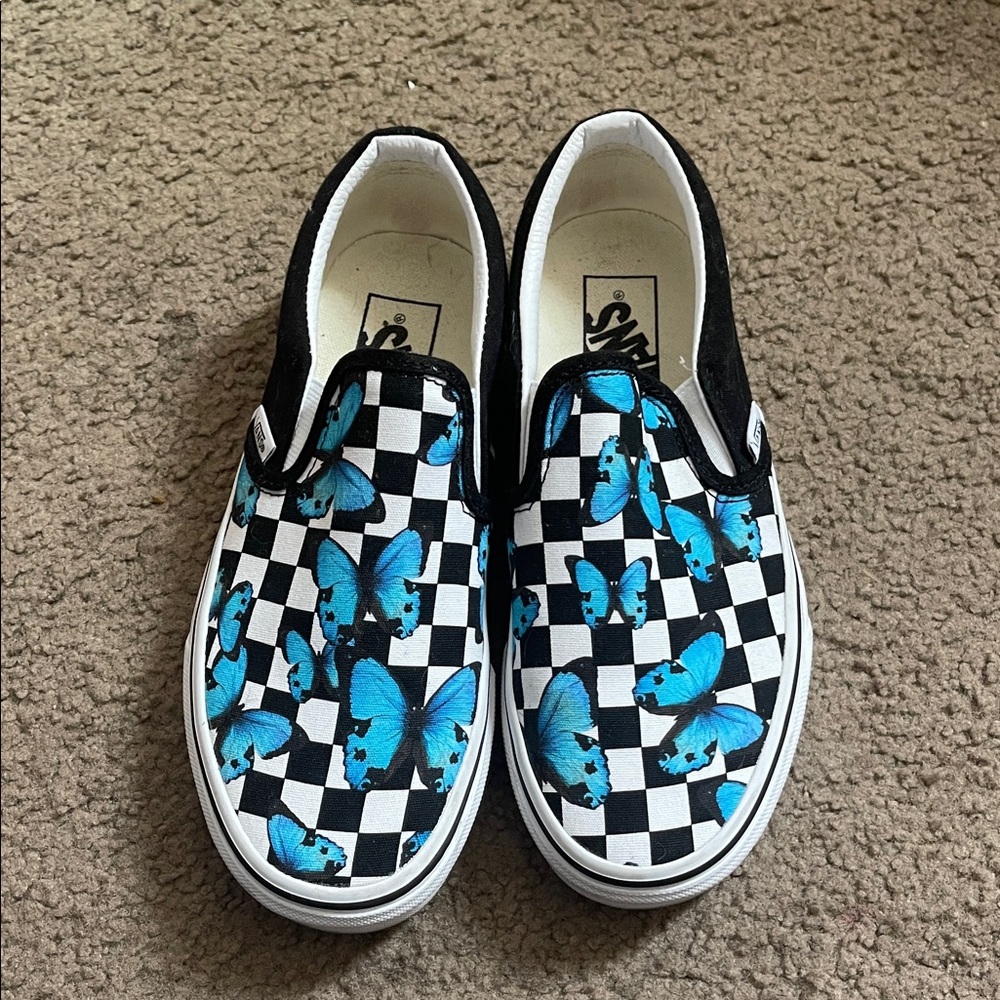 Vans Black and White Checkered Sneakers with Blue Butterfly Design